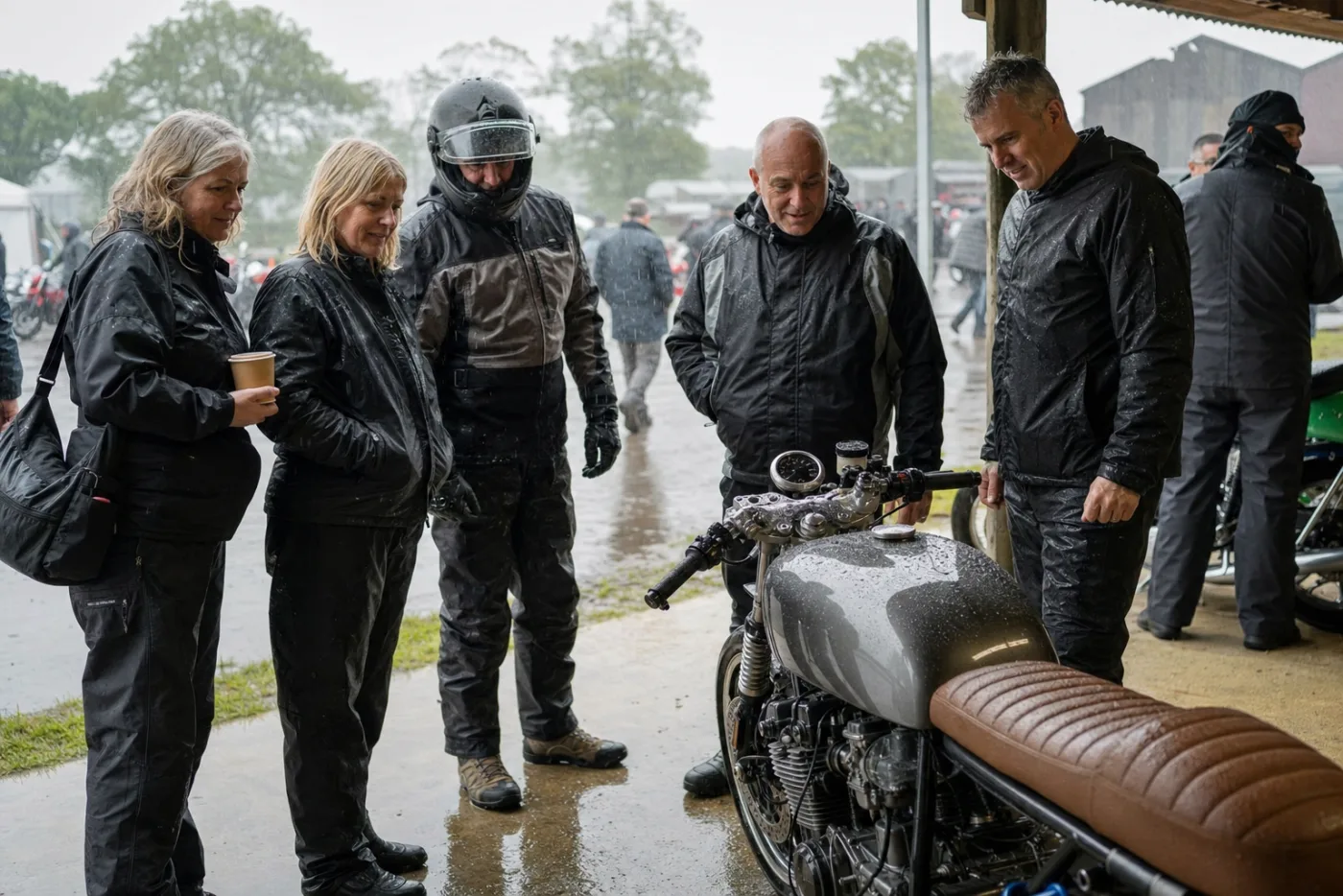 Riders in wet weather gear looking at motorcycles under a large open shed
