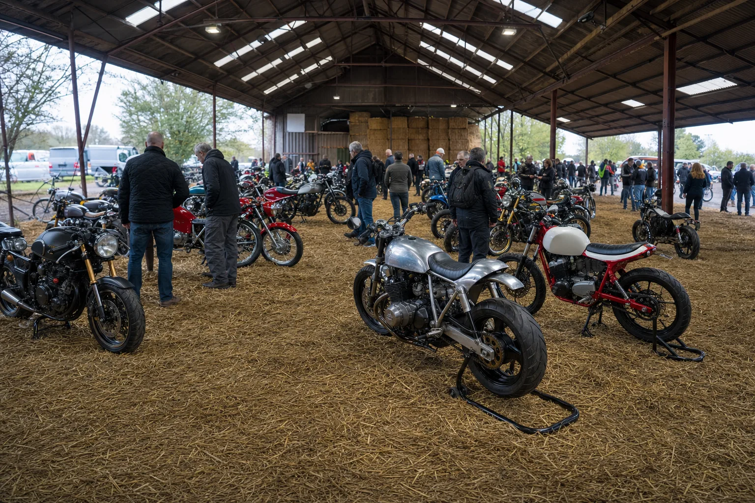 Motorcycles on display inside a large open agricultural shed with visitors walking between them